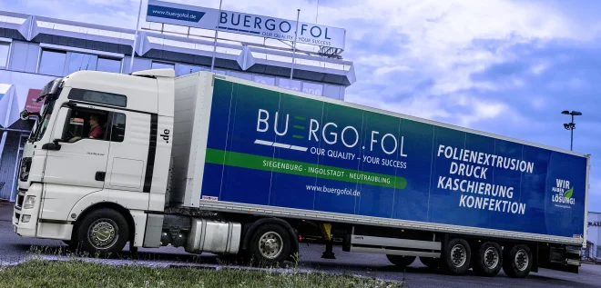 Buergofol LKW für weltweite Lieferung von Verpackungsfolien – internationale Logistik für Folienextrusion, Druck und Kaschierung